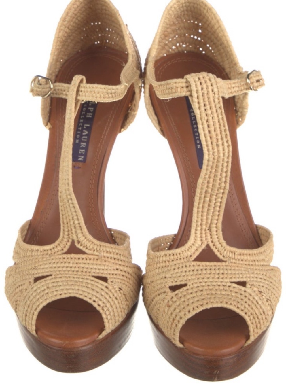 Ralph Lauren Purple Label Woven Beige T-Strap High Heels - Picture 4 of 5